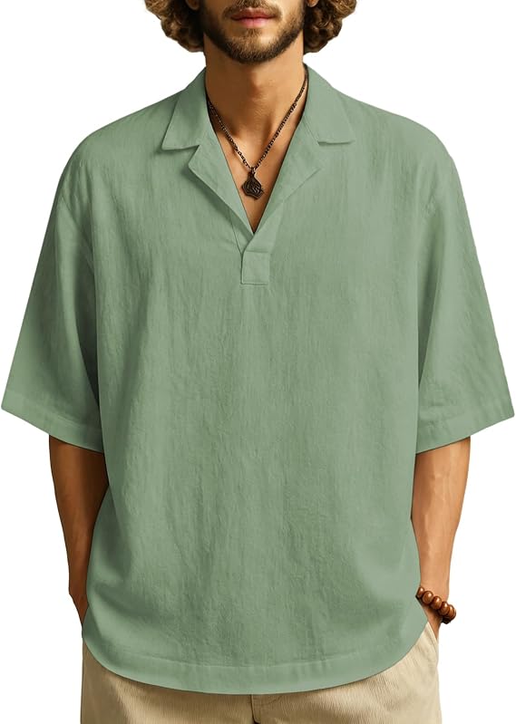 MARSVOVO Mens Summer T-Shirt Classic Solid Collar Neck Half Sleeve Tees Loose Fit Casual Pullover Top